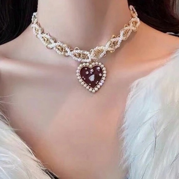 “Red Heart Sea of Pearls” Flake Shard Float Drift Love Romance Ocean Necklace - Picture 15 of 16